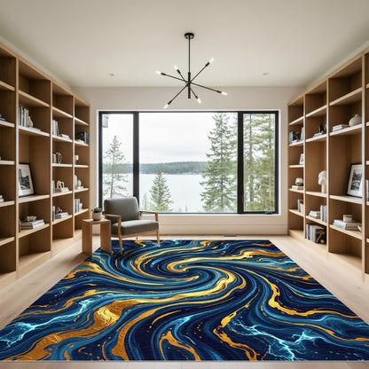 Swirling Navy Blue and Gold Marble Rug