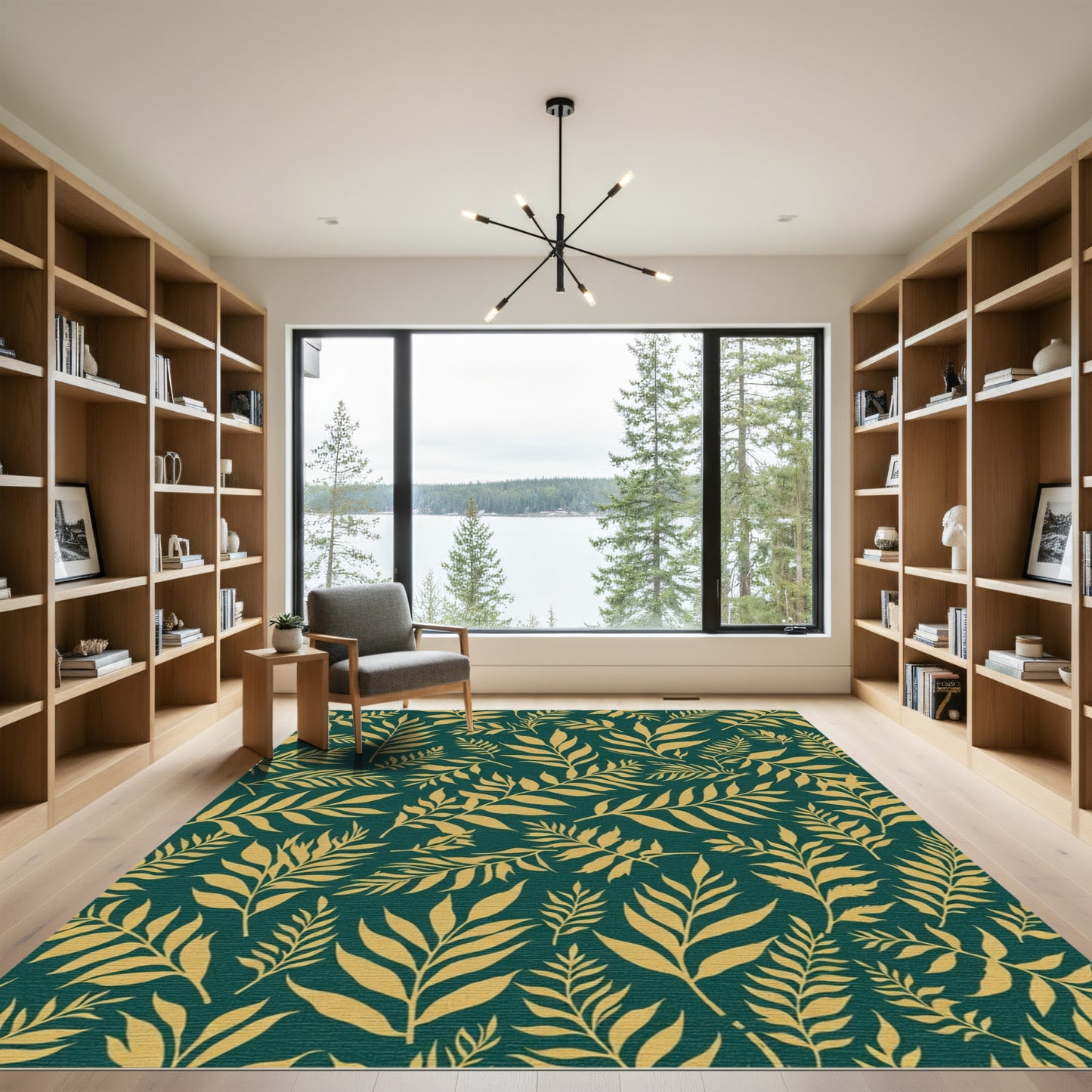 Golden Palm fronds on Teal Background Rug