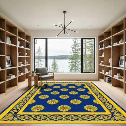Royal Blue Yellow Floral Medallion Border Rug