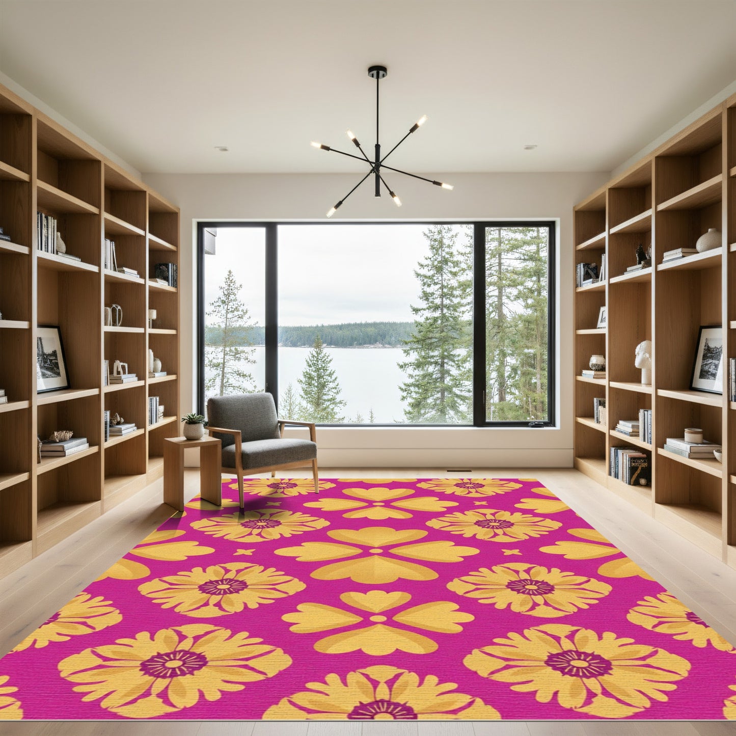 Vibrant Magenta Golden Floral Medallion Rug