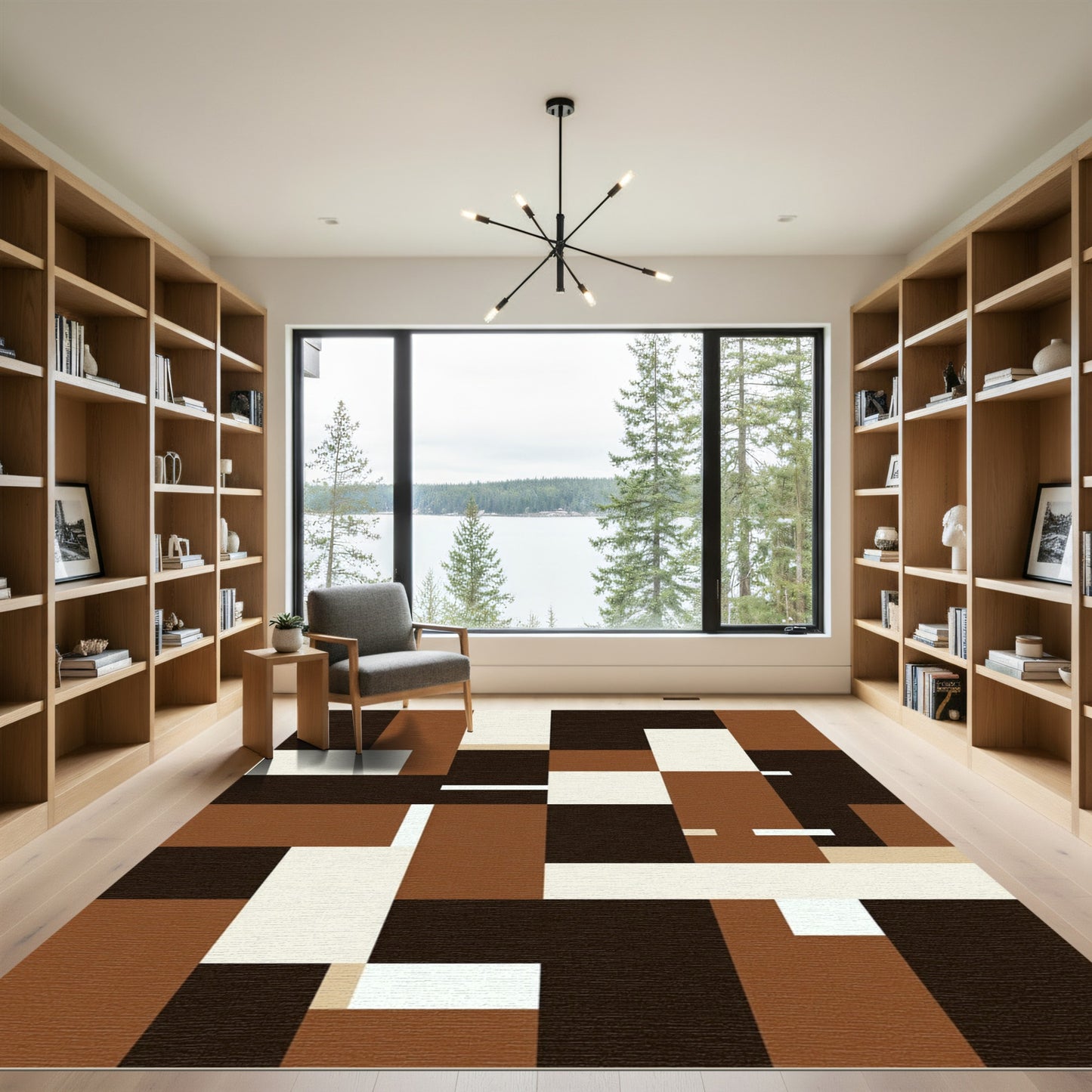 Modern Abstract Earthy Brown Block Grid Rug