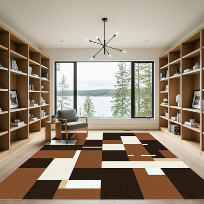 Modern Abstract Earthy Brown Block Grid Rug