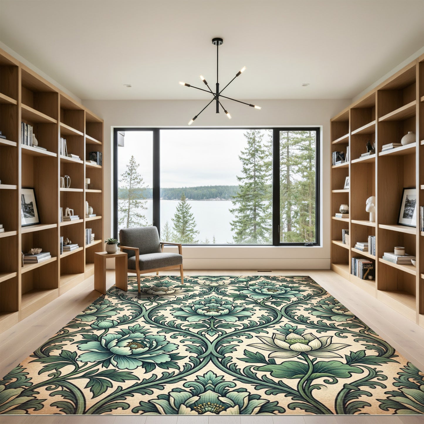 Elegant Sage Green Botanical Lotus Damask Rug