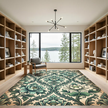 Elegant Sage Green Botanical Lotus Damask Rug
