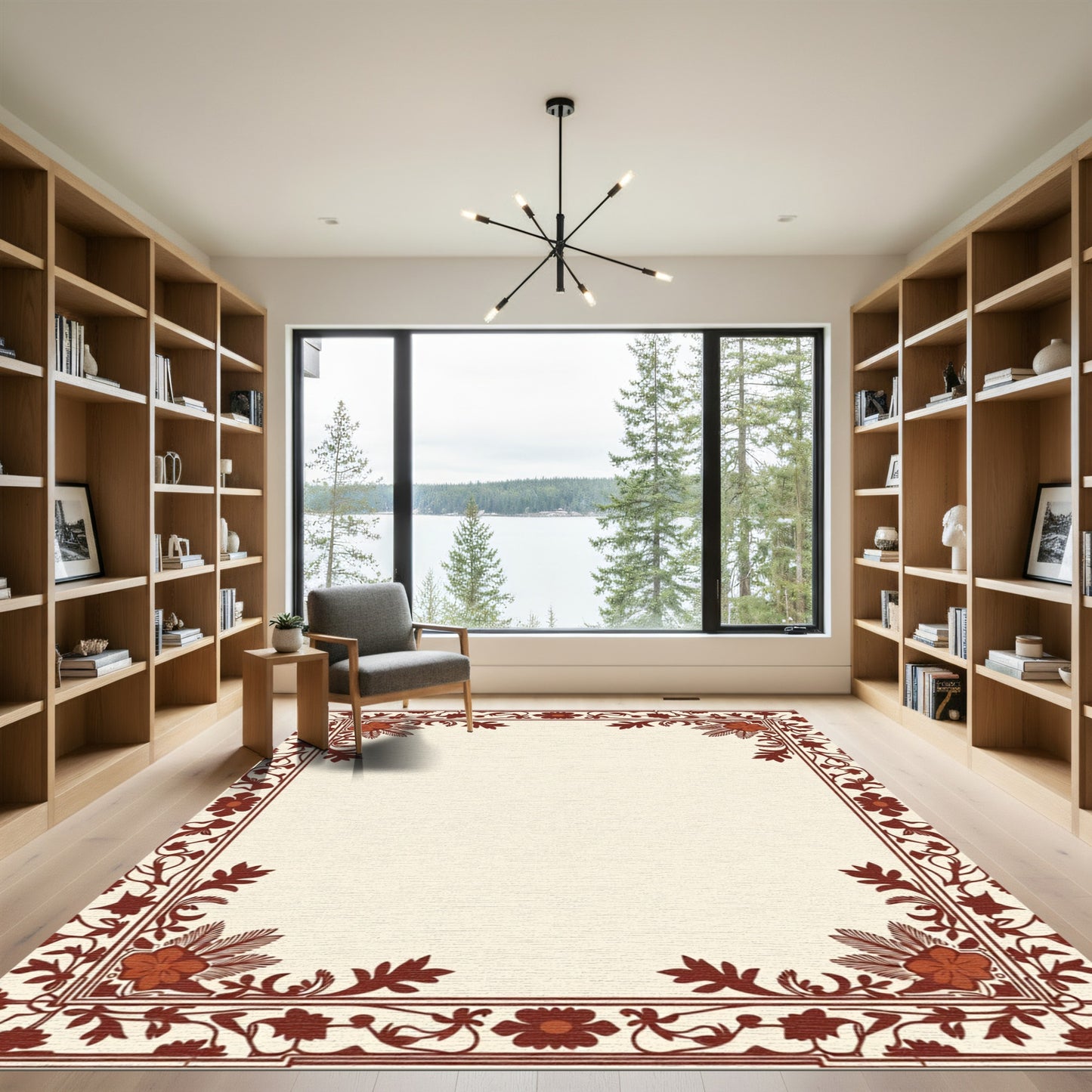 Rich Sienna Floral Scroll Border Rug