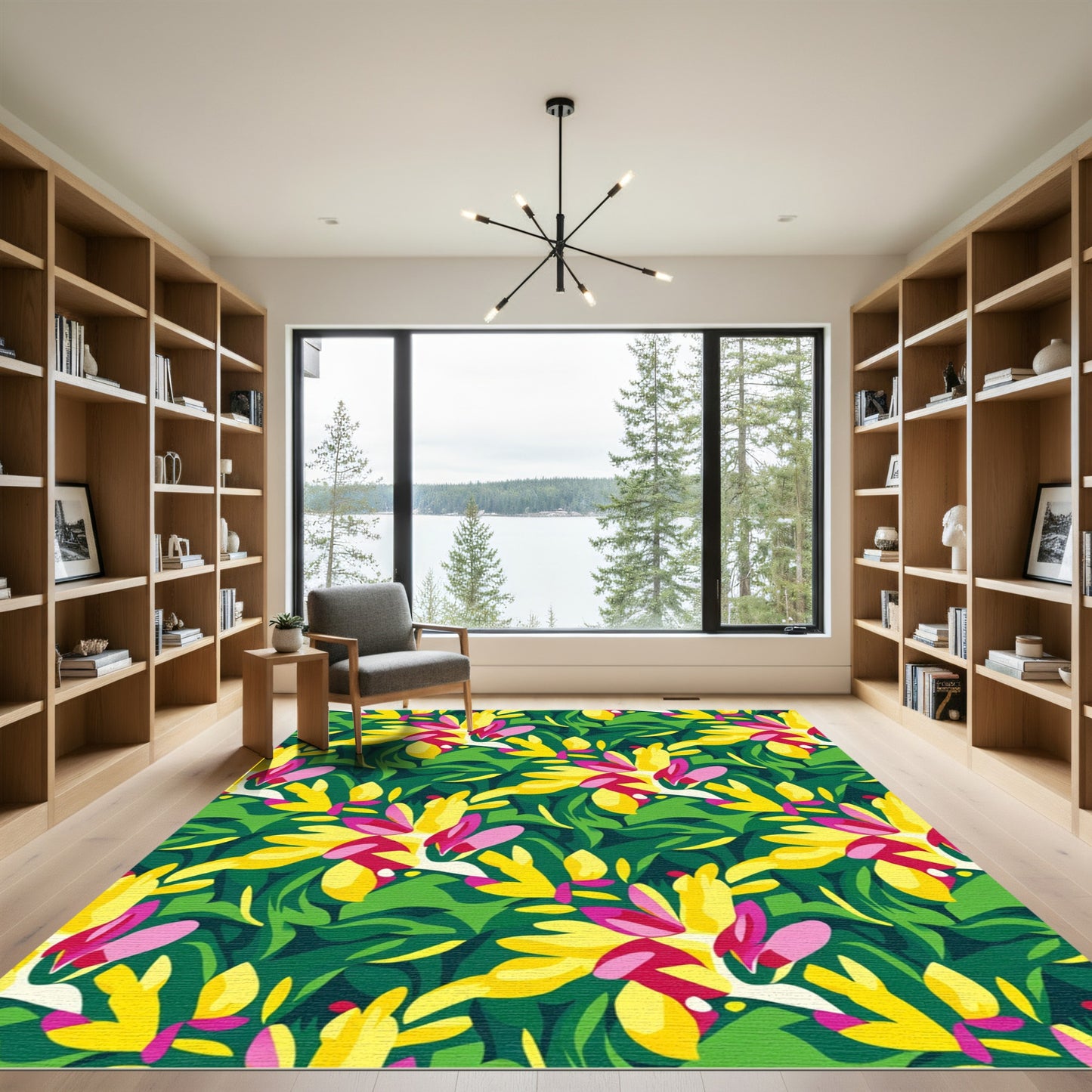 Vibrant Yellow Pink Tropical Leaves Rug
