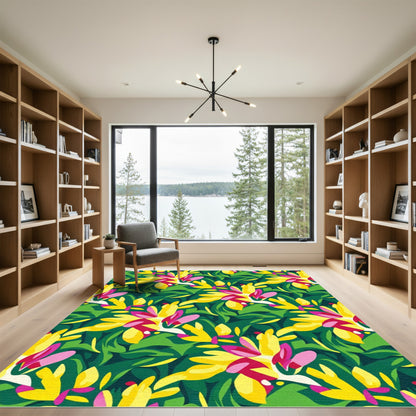 Vibrant Yellow Pink Tropical Leaves Rug