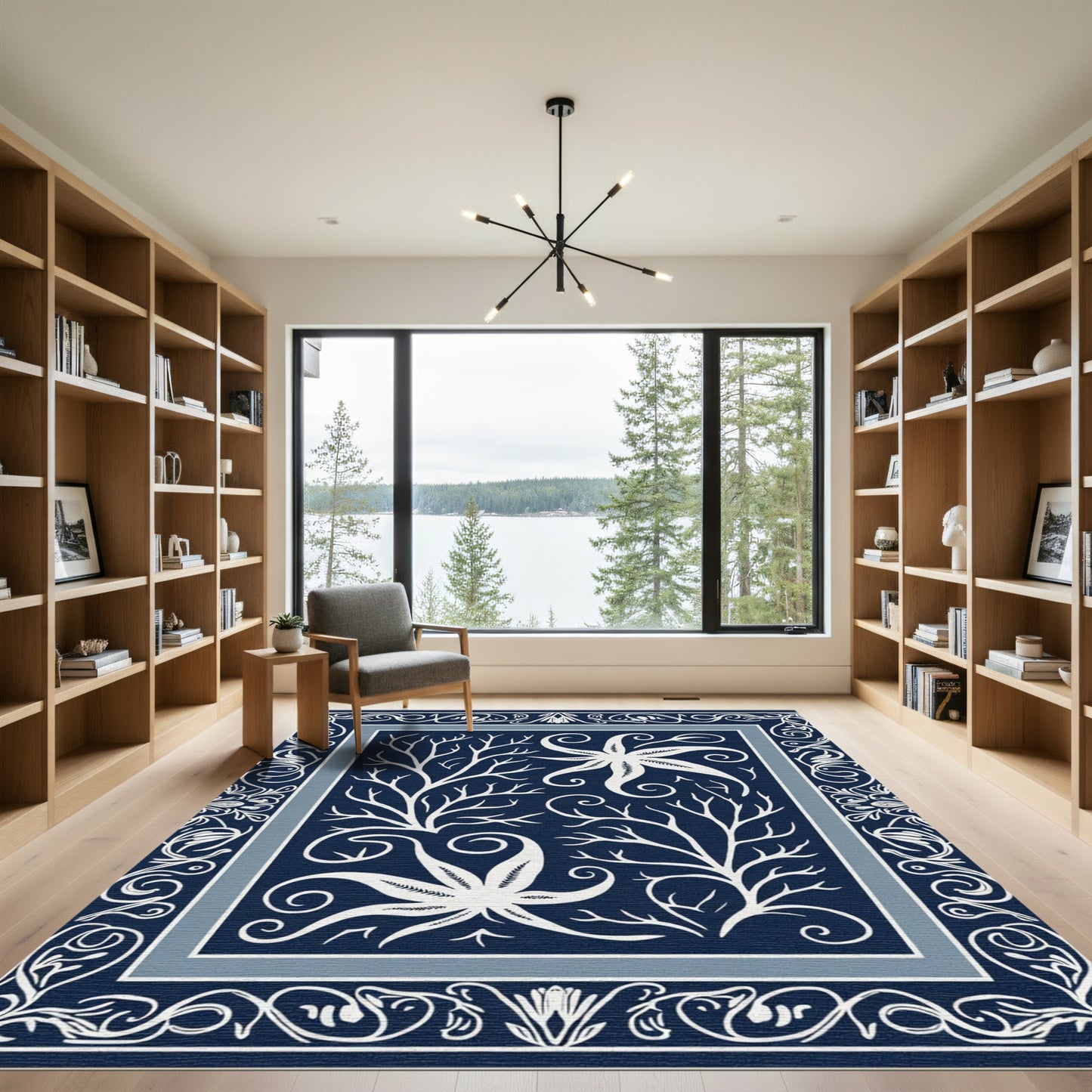 Navy White Coral Starfish Border Rug