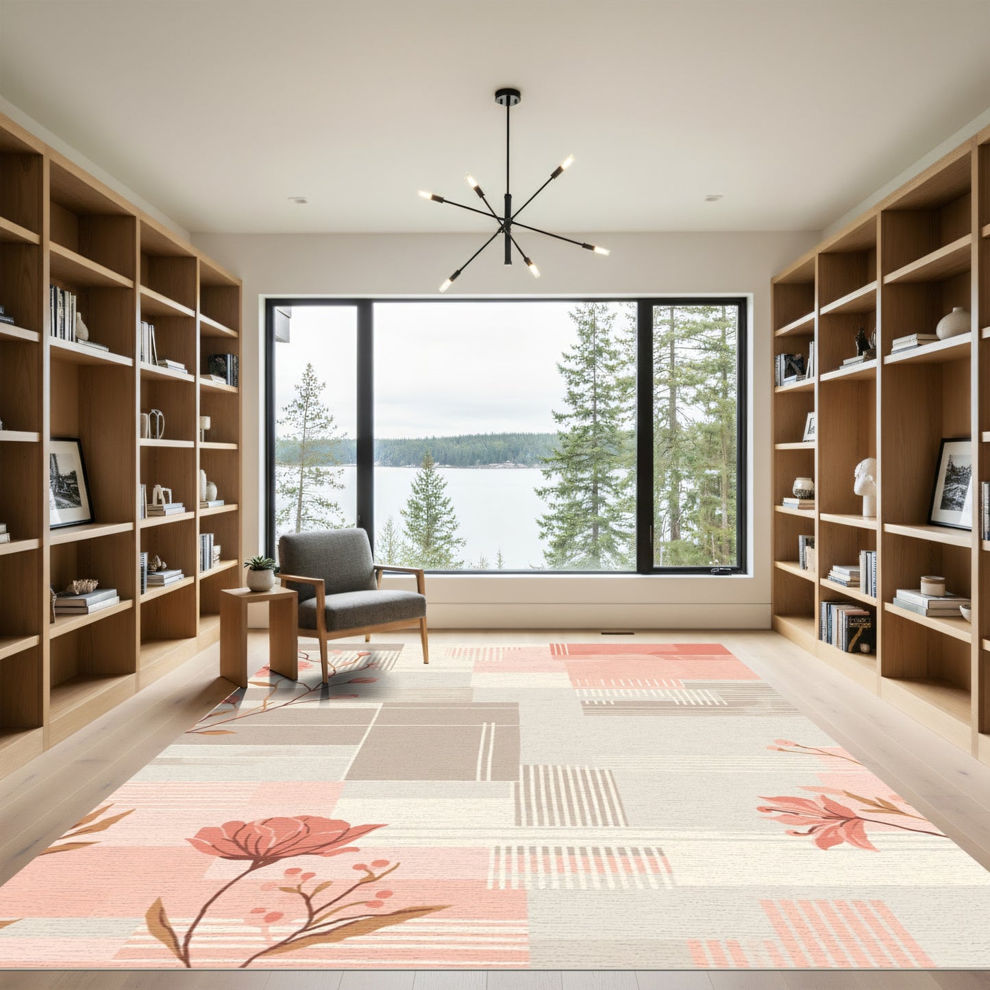 Soft Peach Floral Geometric Blocks Rug