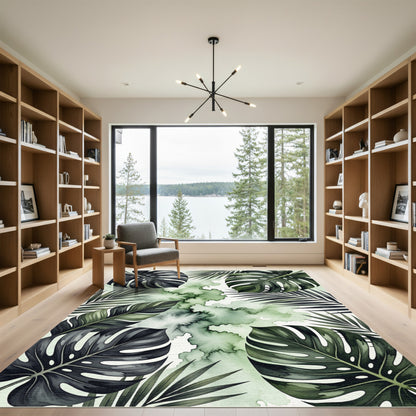 Deep Green Tropical Monstera Palm Wash Rug