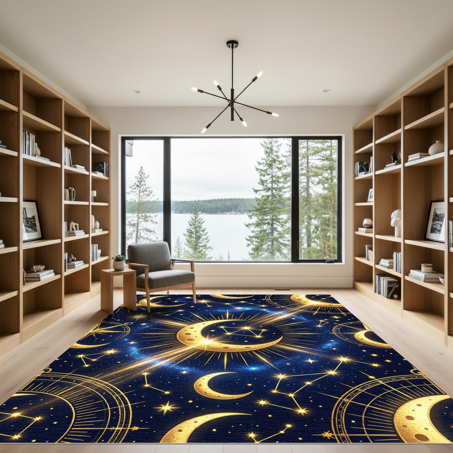 Celestial Golden Crescent Moon Starry Skies Rug