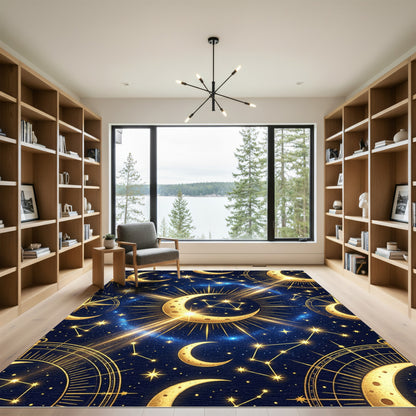 Celestial Golden Crescent Moon Starry Skies Rug