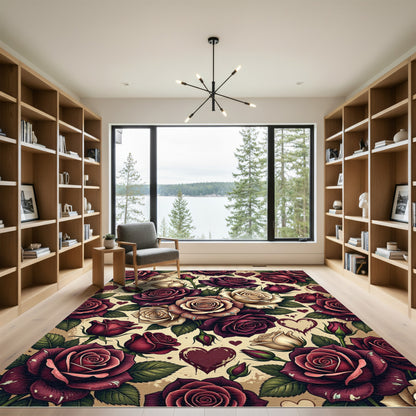 Romantic Crimson Rose Bouquet with Hearts Rug