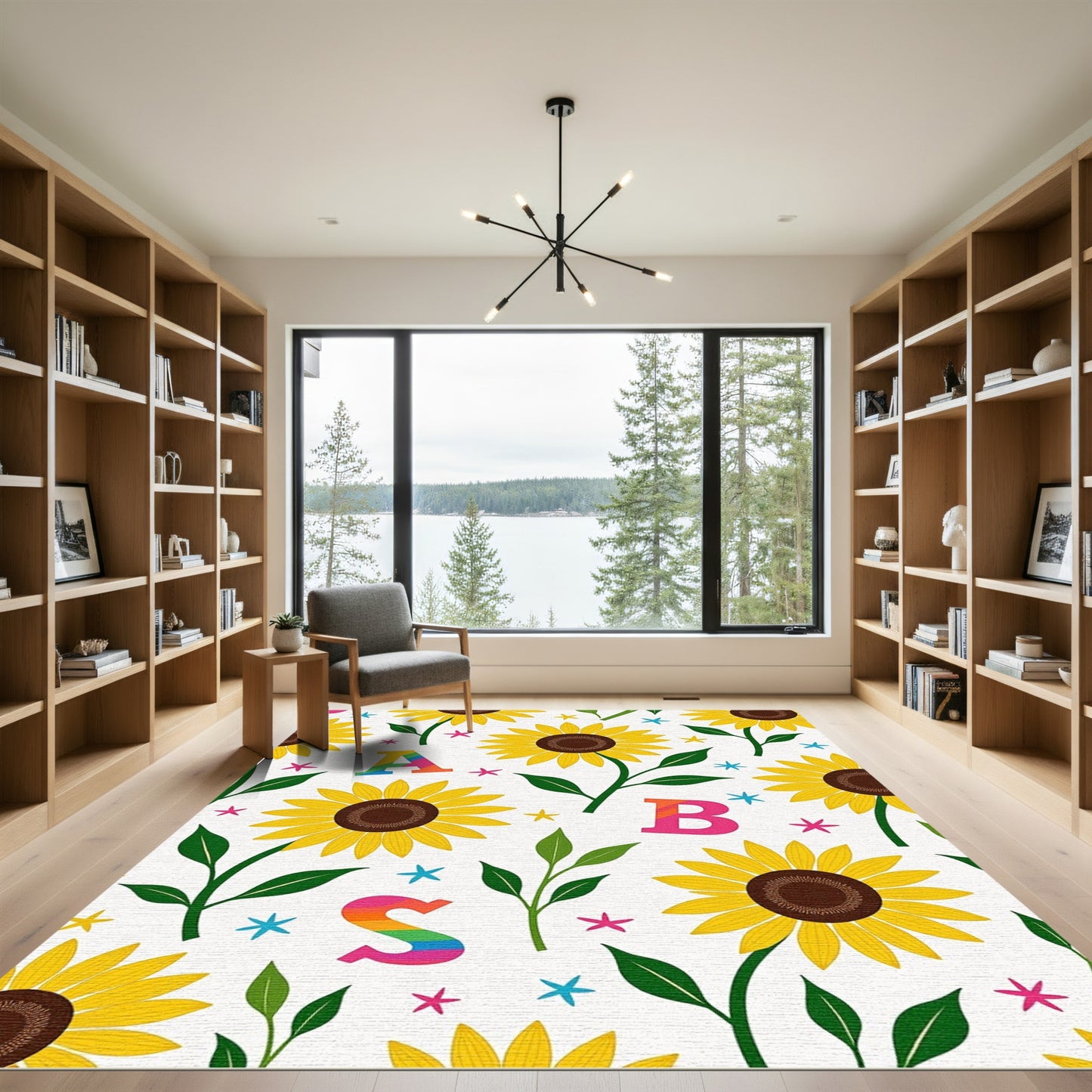 Yellow Sunflower Branches With Colorful Letters Rug