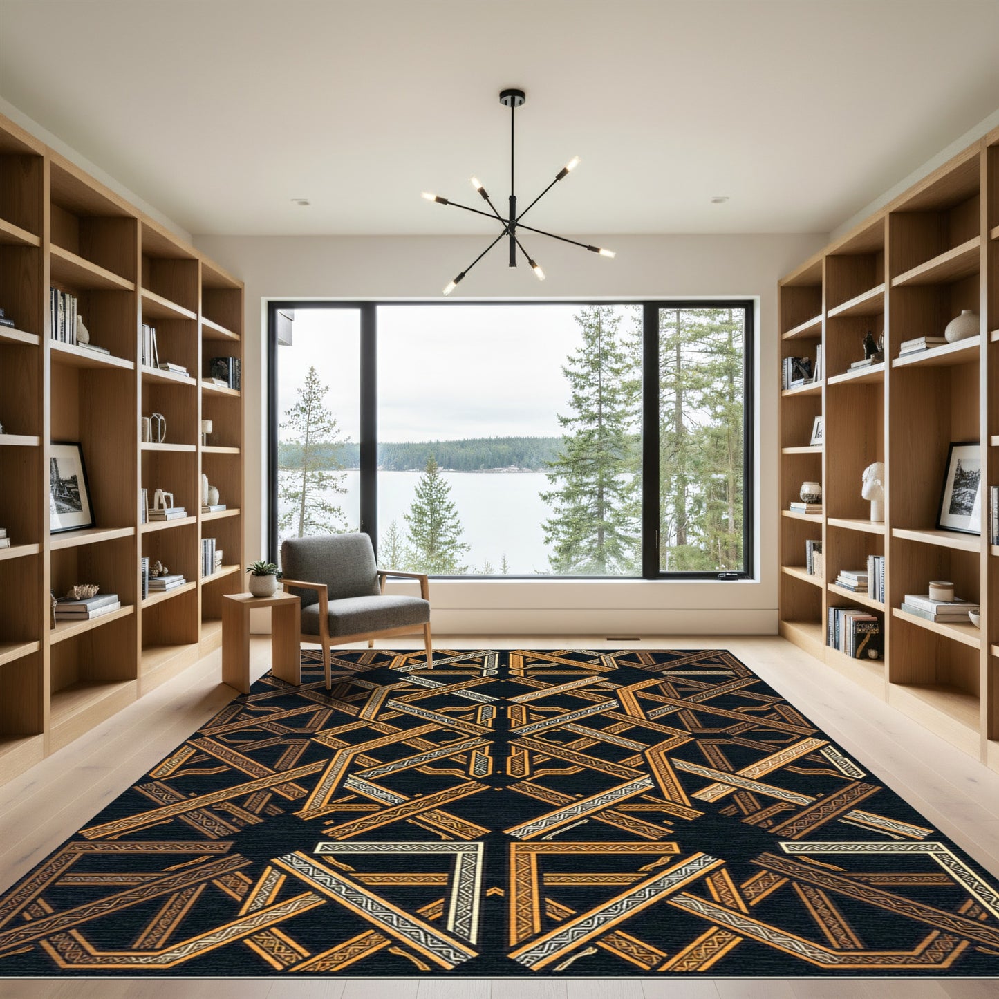 Ornate Golden Geometric Interlocking Lattice Rug