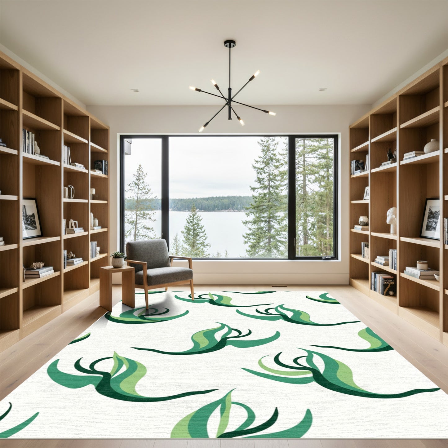 Abstract Green Swirling Leaf Arrangement Rug