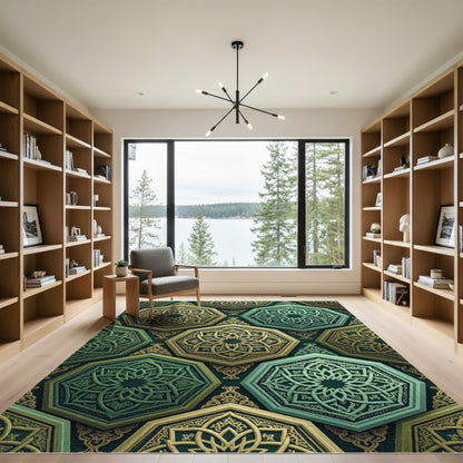 Elegant Gold and Emerald Geometric Hexagon Rug