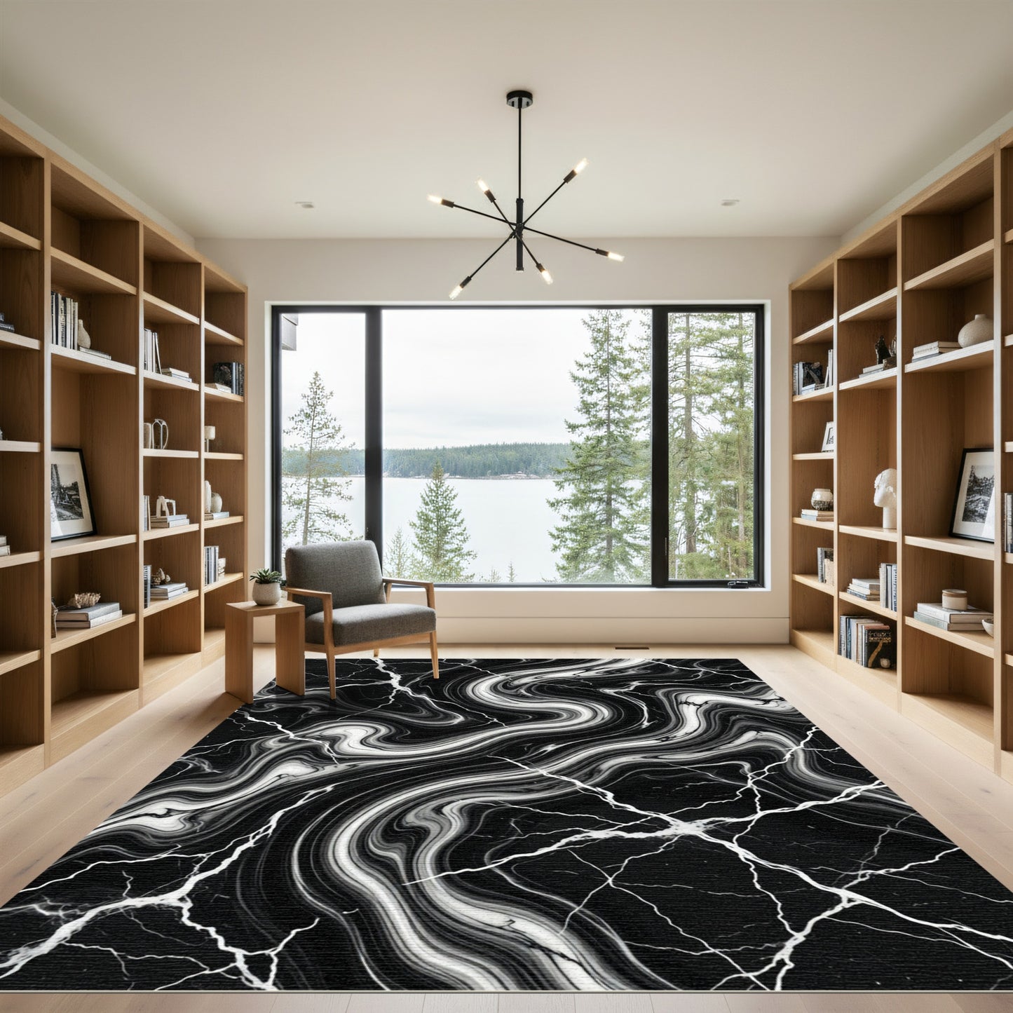 Dramatic Black White Vein Swirl Rug