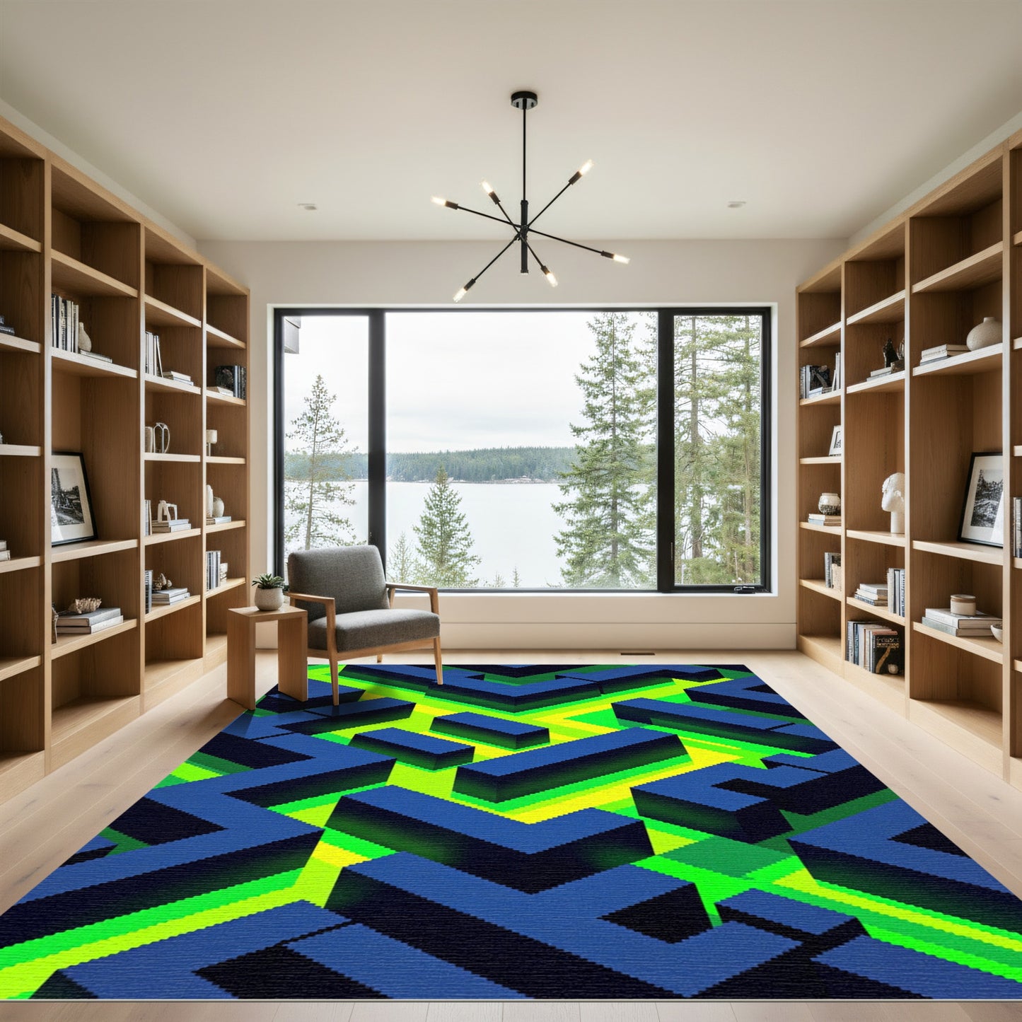 Neon Labyrinth Isometric Geometric Blue Rug
