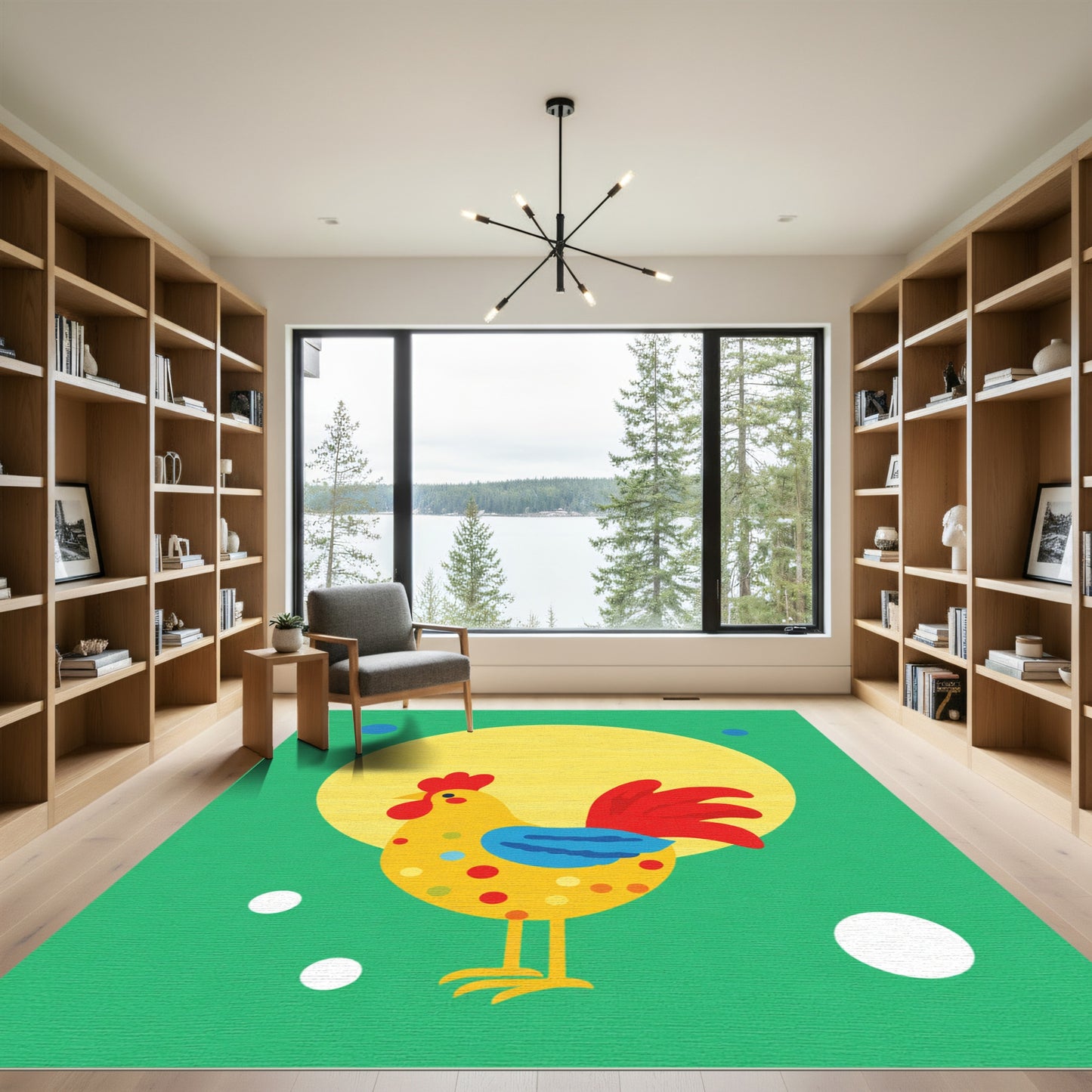 Yellow Rooster With Red Tail Medallion Rug
