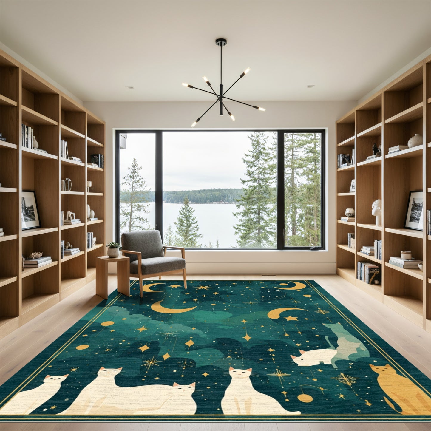 Mystical Gold Moon Cats Celestial Rug