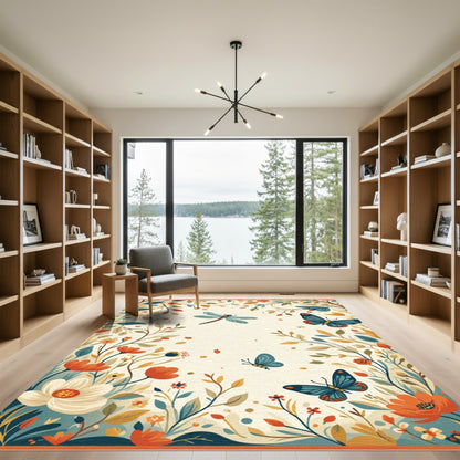 Whimsical Dragonfly Butterfly Floral Garden Rug