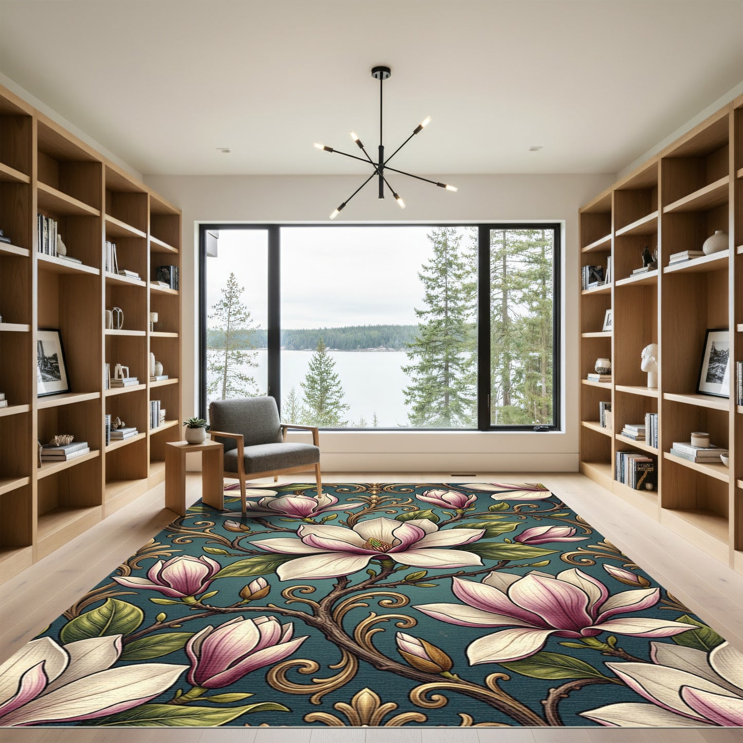 Elegant Magnolia Bloom Teal Scroll Rug