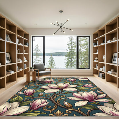 Elegant Magnolia Bloom Teal Scroll Rug