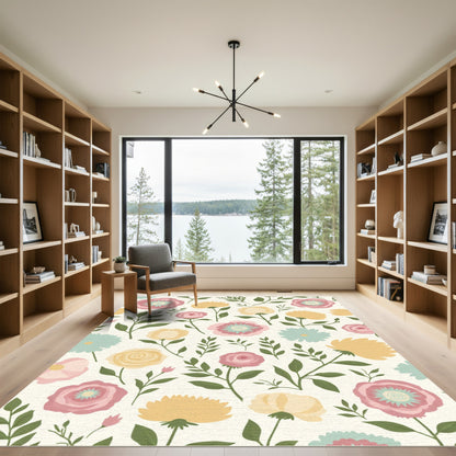 Whimsical Floral Arrangement Pink Yellow Teal Rug