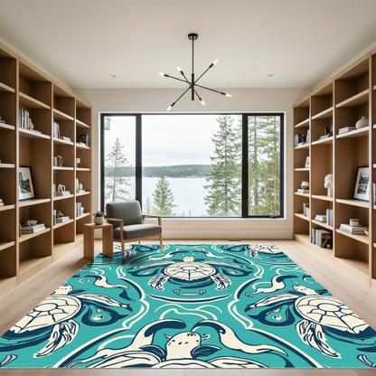 Aqua Blue Turtle In Flowing Lines Rug