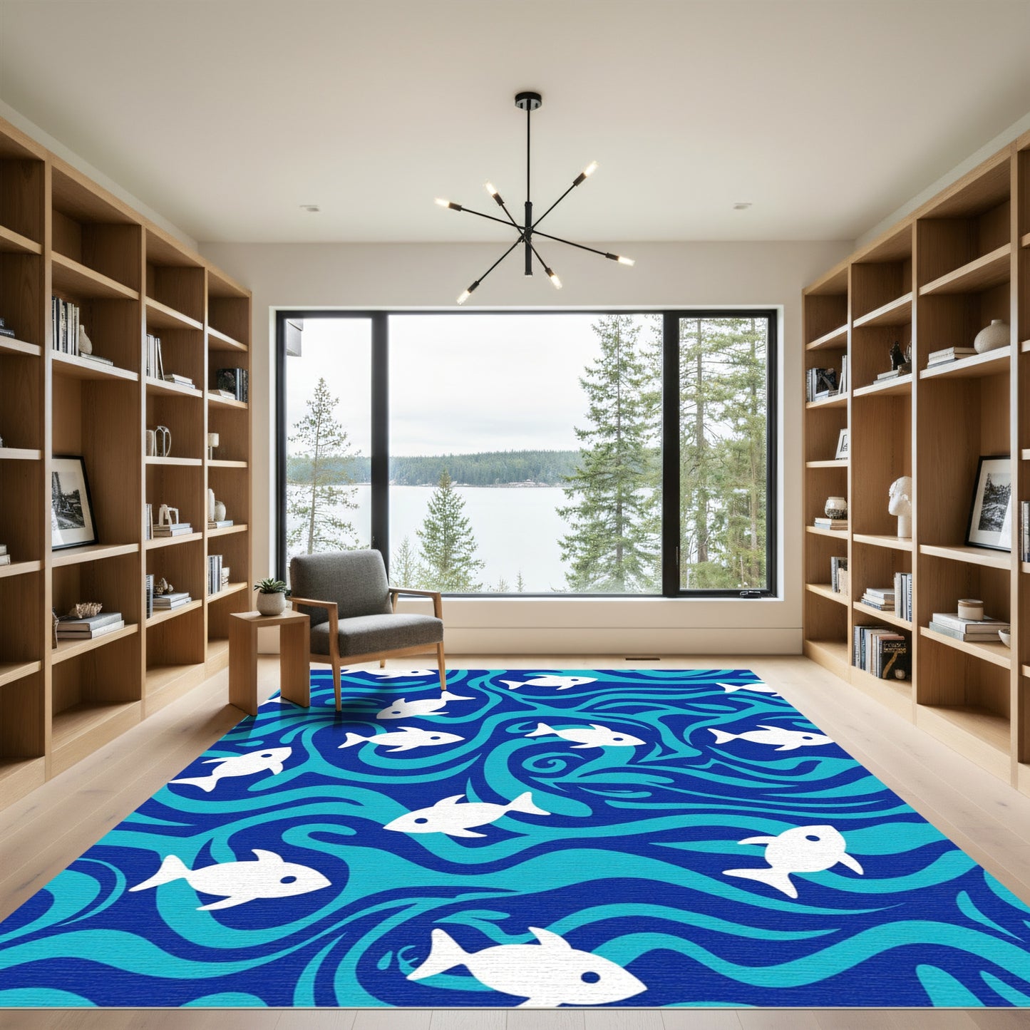 White Fish In Blue Swirls Rug