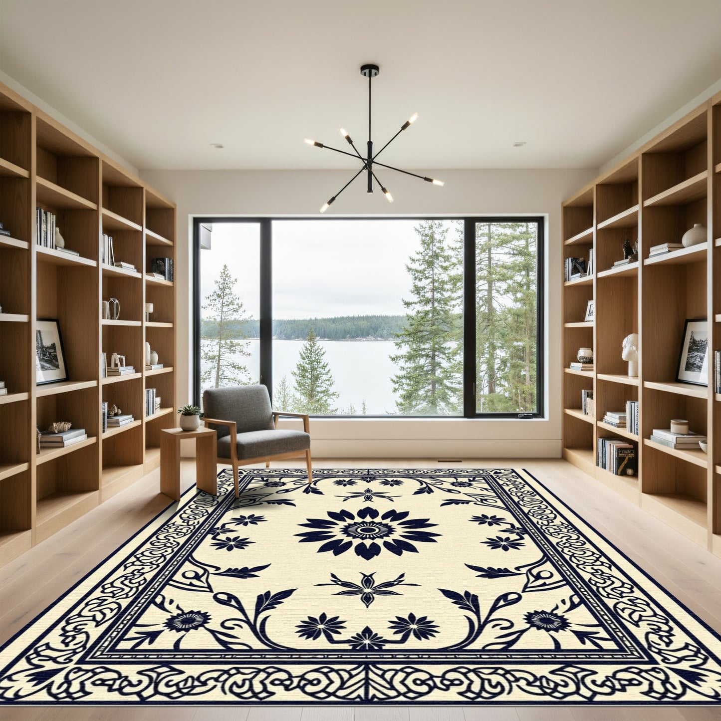 Navy Black Floral Medallion Border Rug