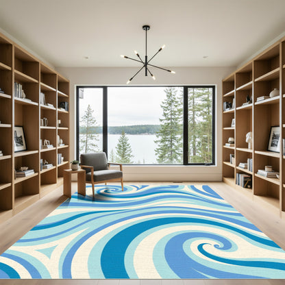 Cerulean Blue Swirl Waves Rug