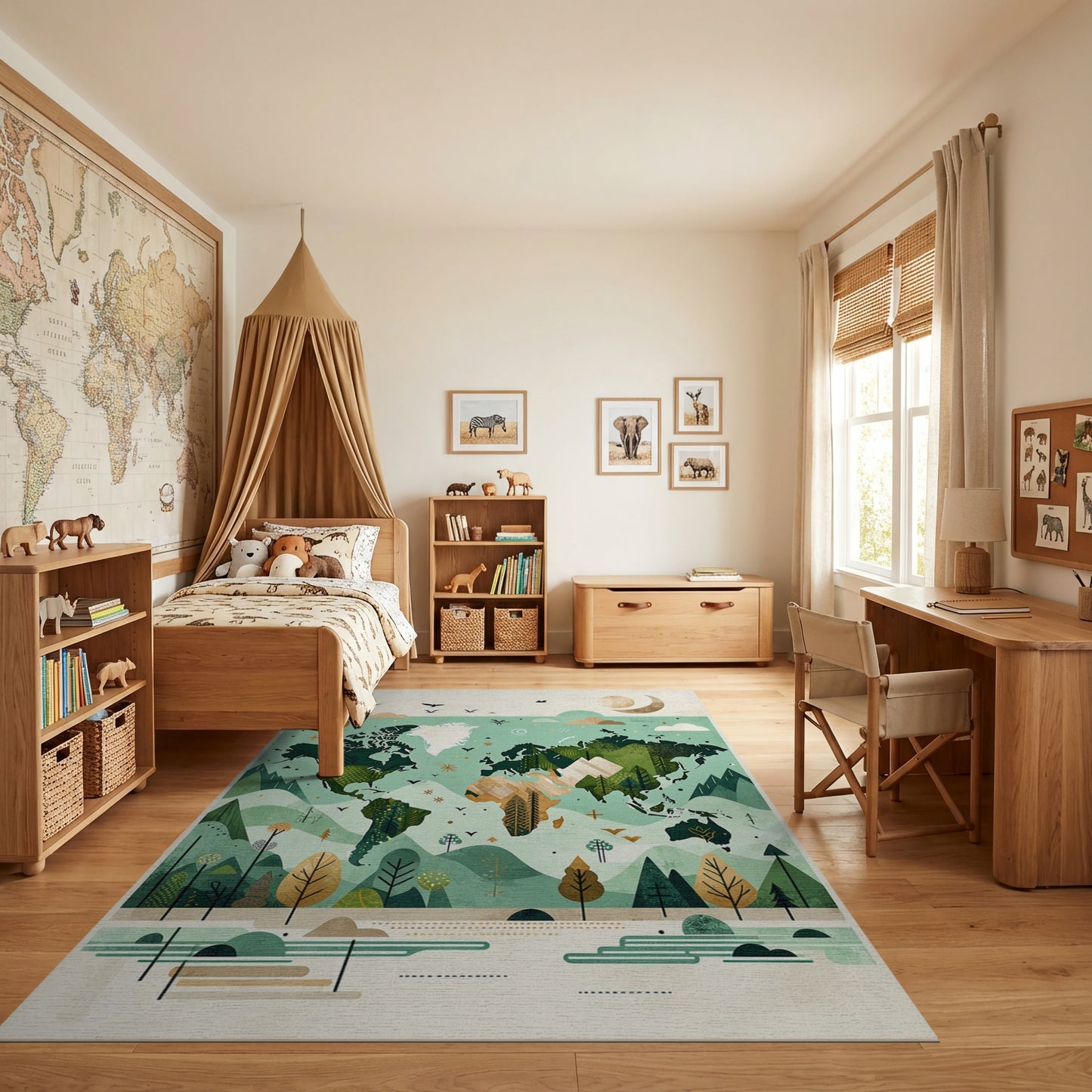 Teal World Map Forest Mountains Rug