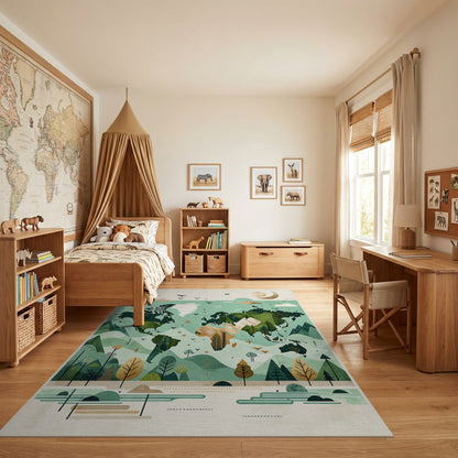 Teal World Map Forest Mountains Rug