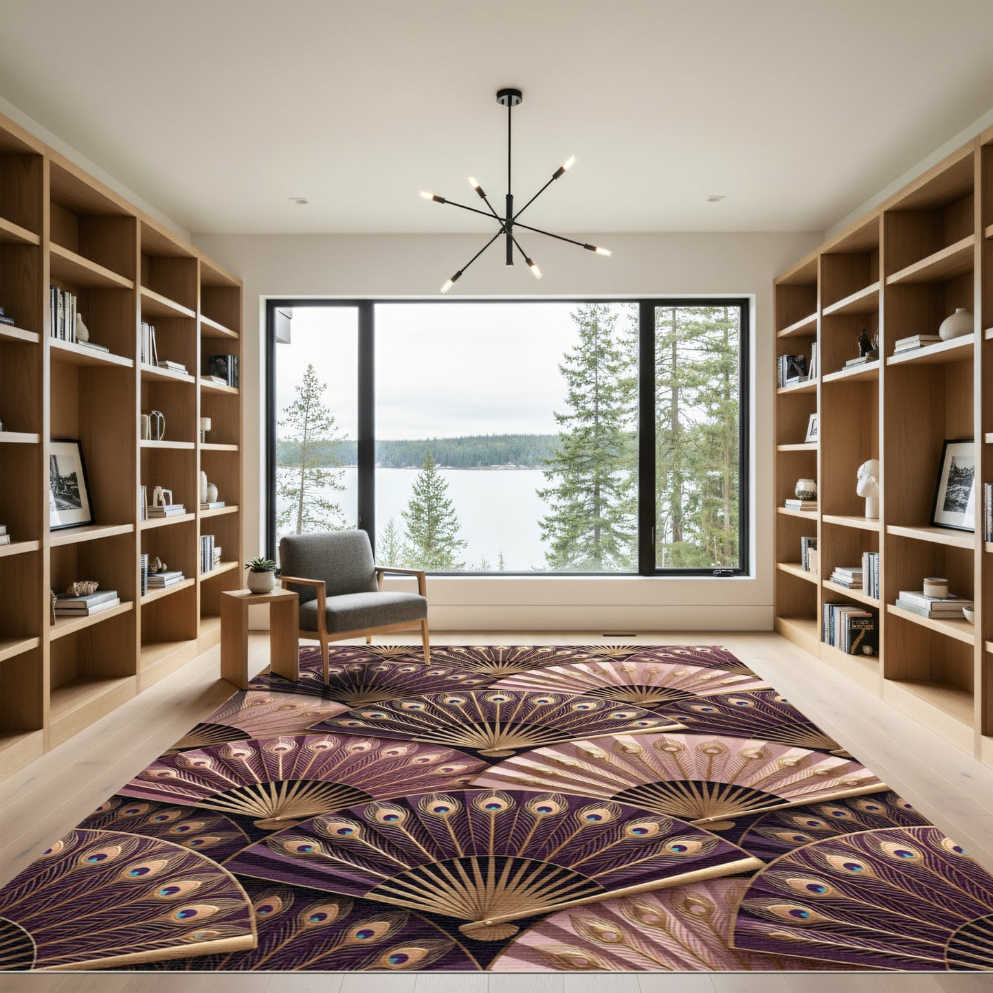Dazzling Plum Gold Peacock Fan Rug
