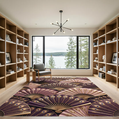 Dazzling Plum Gold Peacock Fan Rug