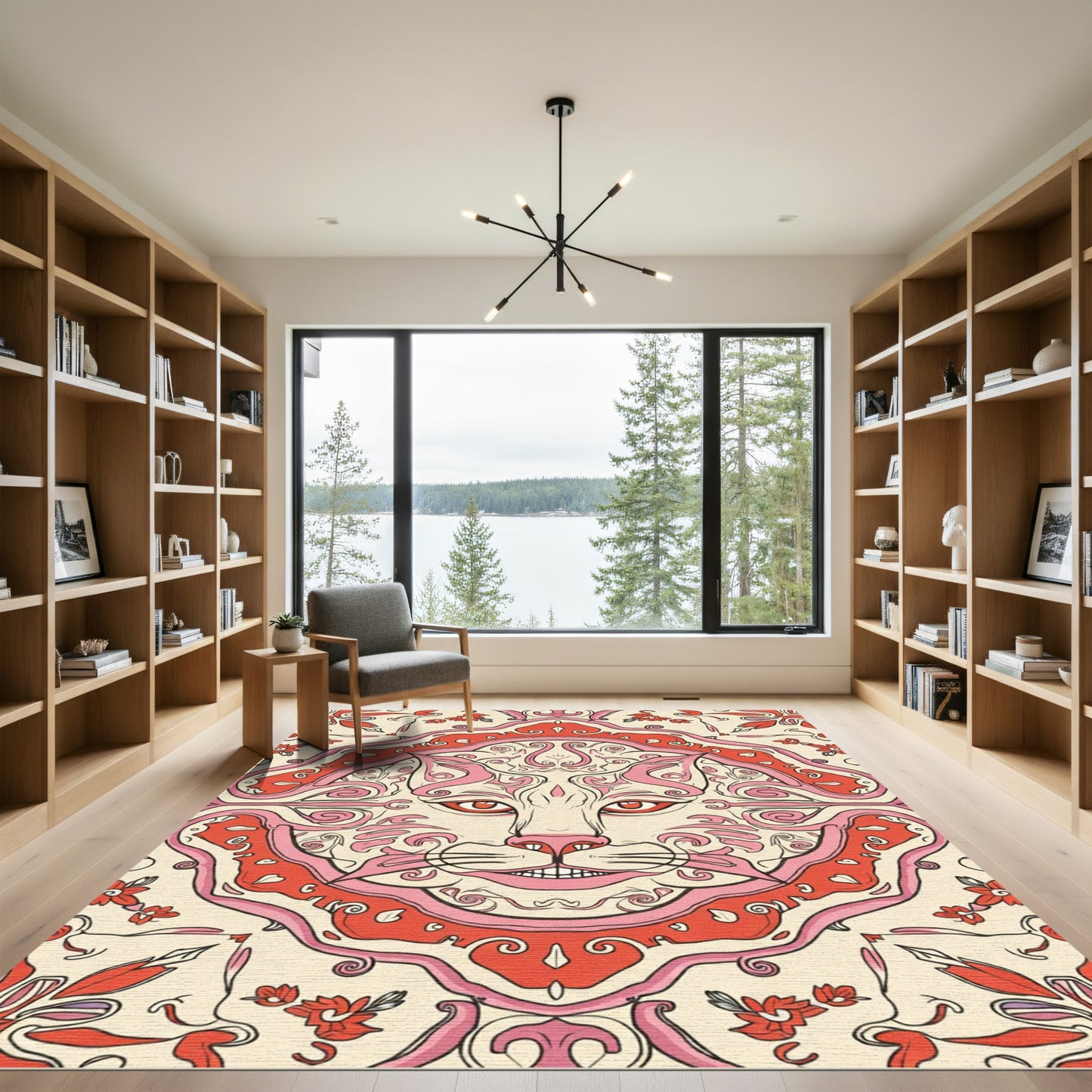 Ornate Cat Floral Red Pink Accents Rug