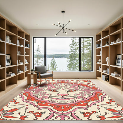 Ornate Cat Floral Red Pink Accents Rug