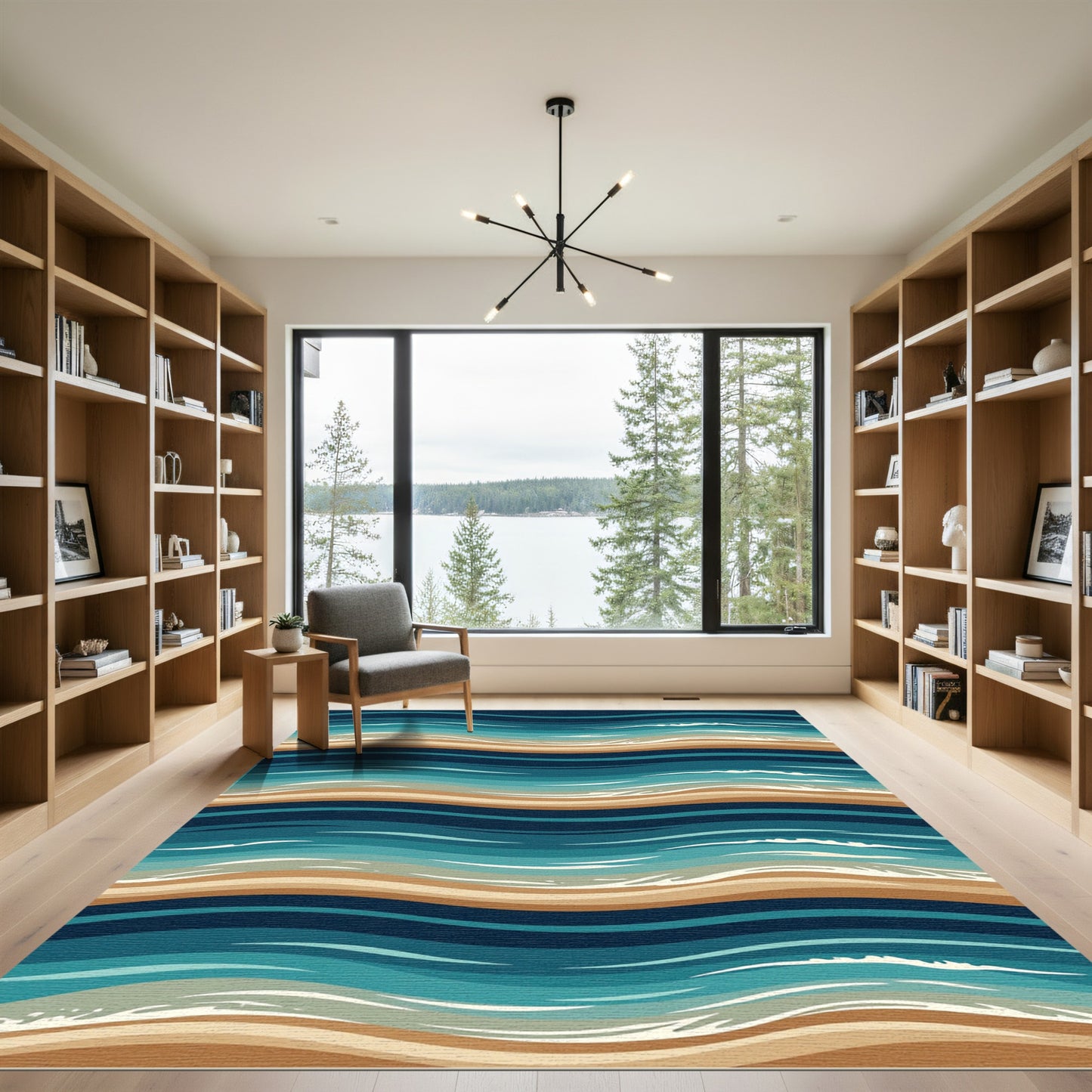 Coastal Blue Tan Wavy Stripe Rug