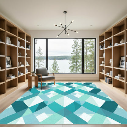 Aqua Interlocking Geometric Diamond Rug