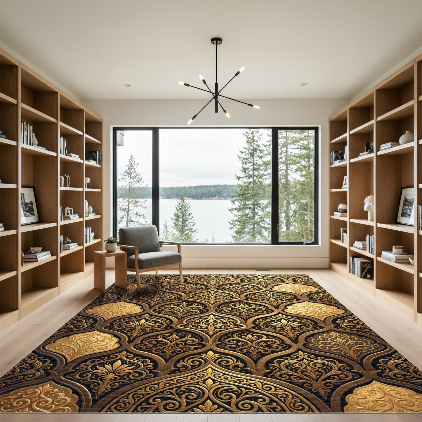 Elegant Gold Curlicue Damask Scroll Decor Rug
