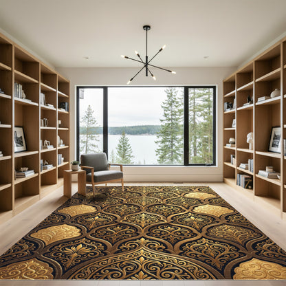 Elegant Gold Curlicue Damask Scroll Decor Rug