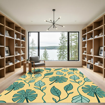 Teal Floral Blossom Yellow Background Rug