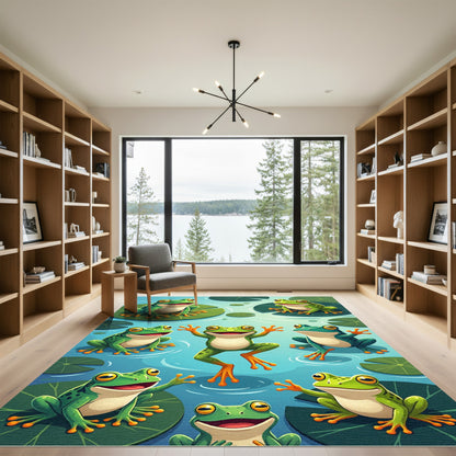 Playful Green Frogs on Lily Pads Rug