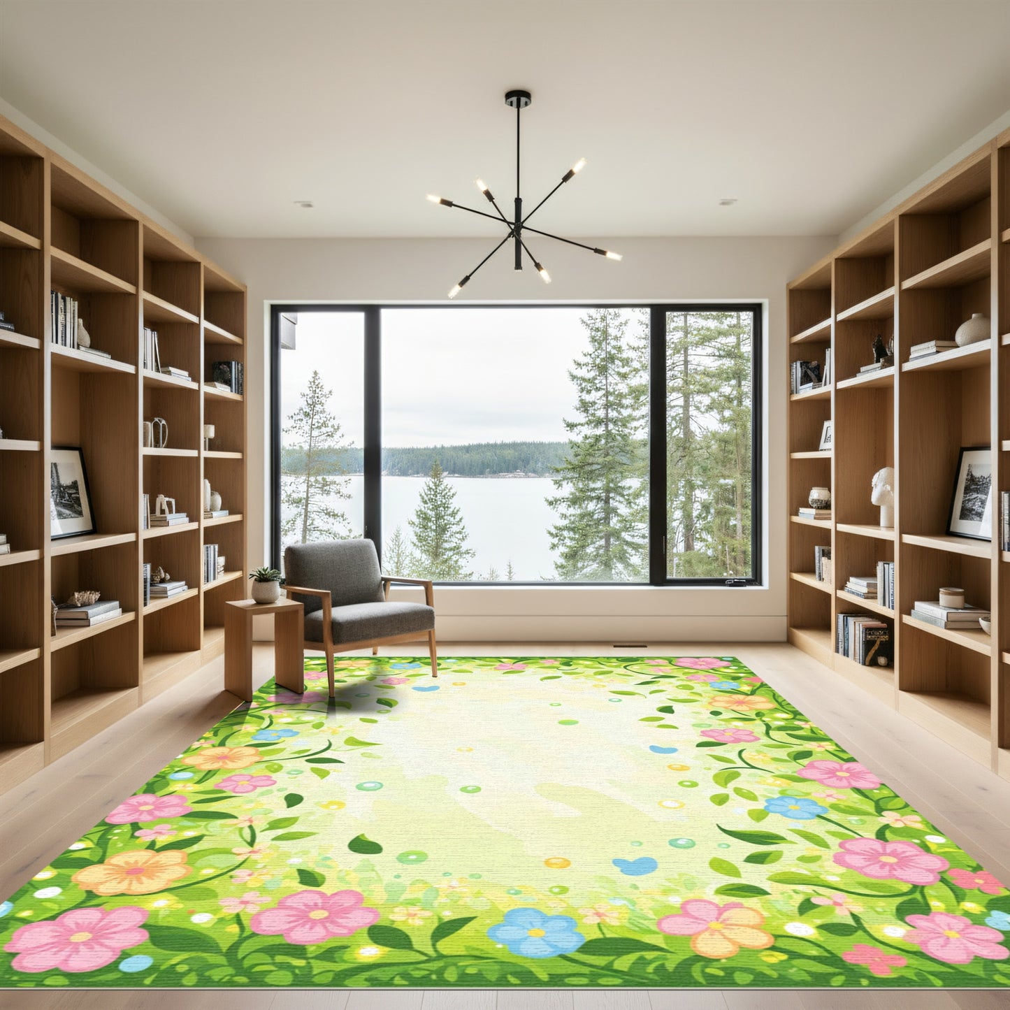 Whimsical Pink Blue Yellow Floral Garden Rug