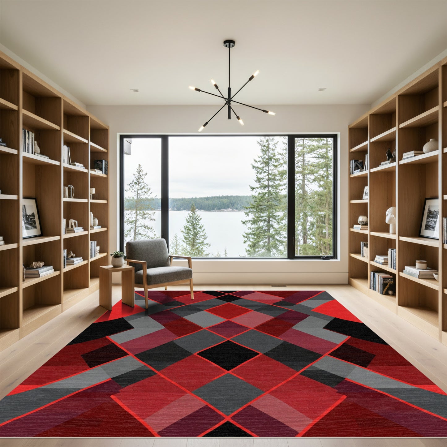 Bold Red Black Diamond Geometric Rug