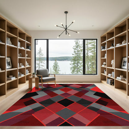 Bold Red Black Diamond Geometric Rug