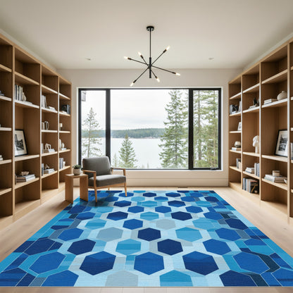Geometric Blue Hexagon Gradation Rug