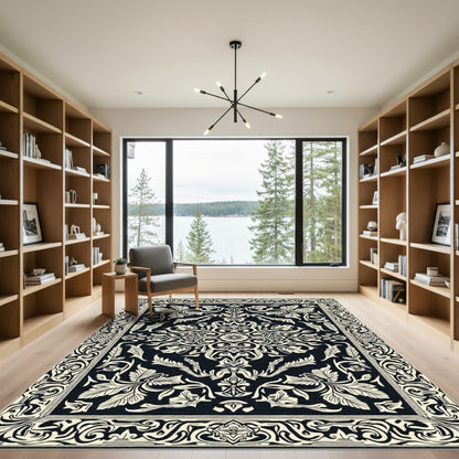 Black Ivory Scrollwork Floral Medallion Rug